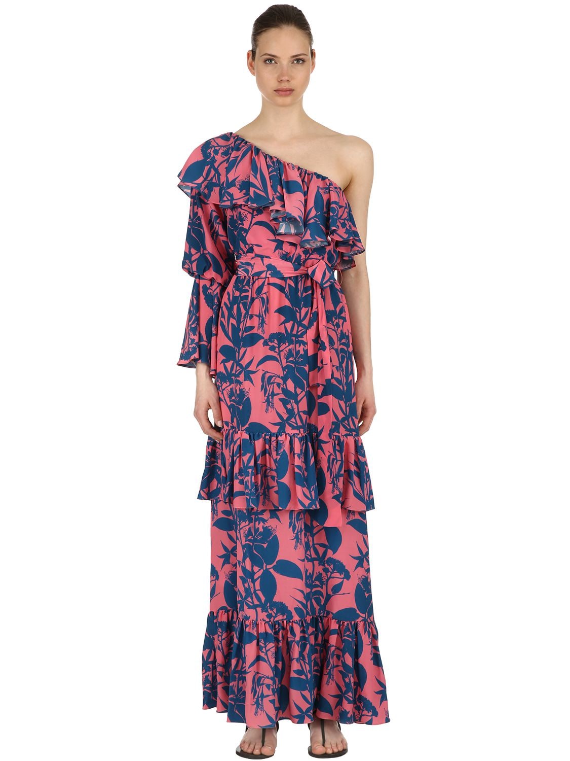 Borgo De Nor Marquesa Ruffled Silk Crepe Maxi Dress In Pink,blue