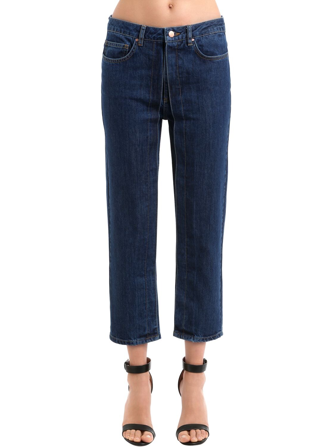 Aalto Pleated Cropped Cotton Denim Jeans In Blue