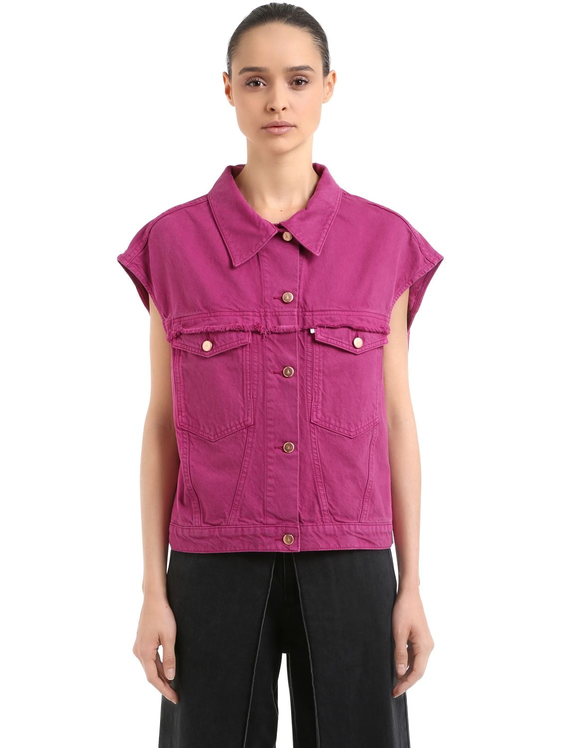 Aalto Oversize Cap Sleeve Cotton Denim Jacket In Fuchsia