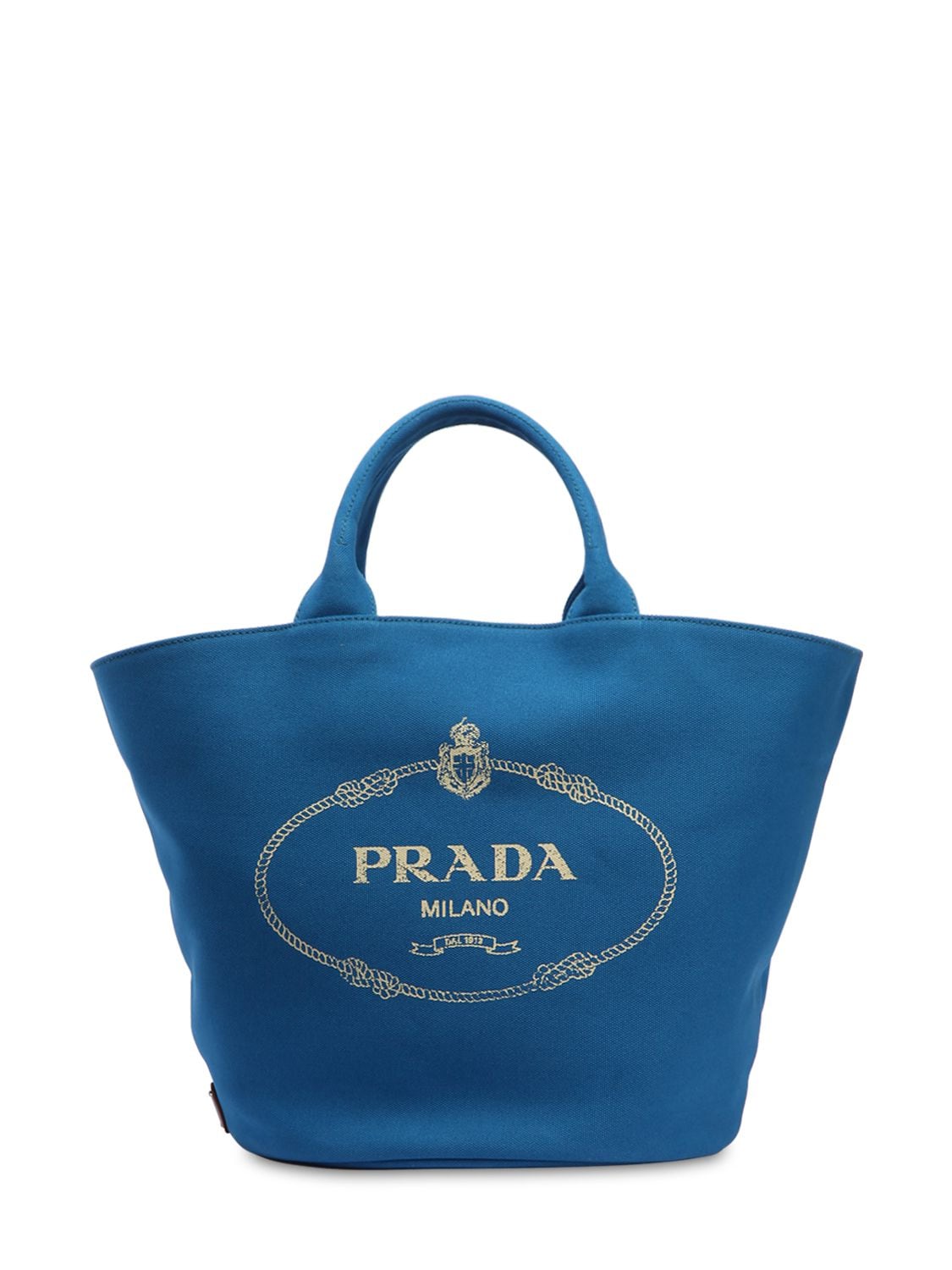 Prada Logo Printed Cotton Canvas Tote Bag In Blue