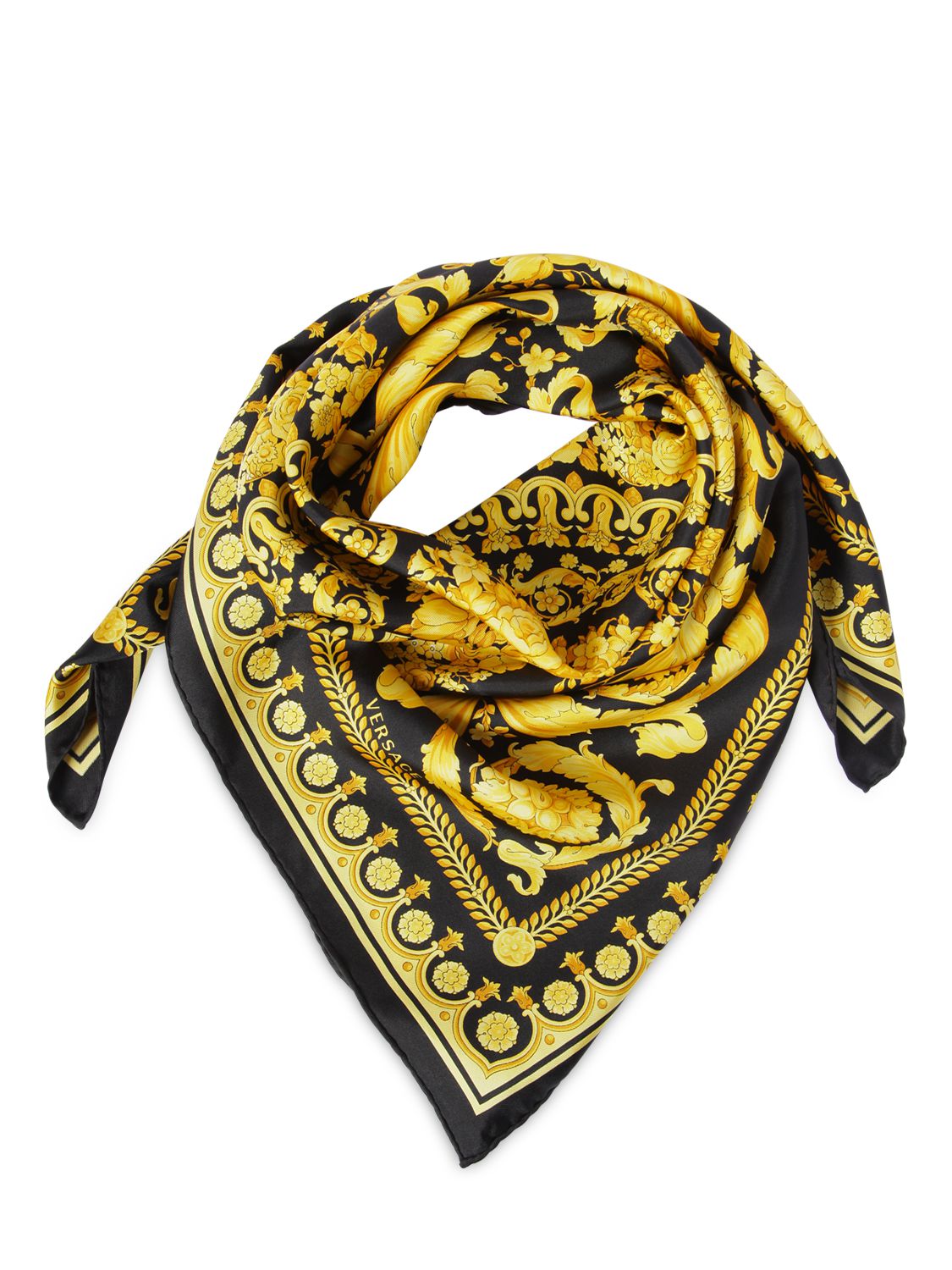 Versace Baroque Print Silk Scarf In Black/gold | ModeSens