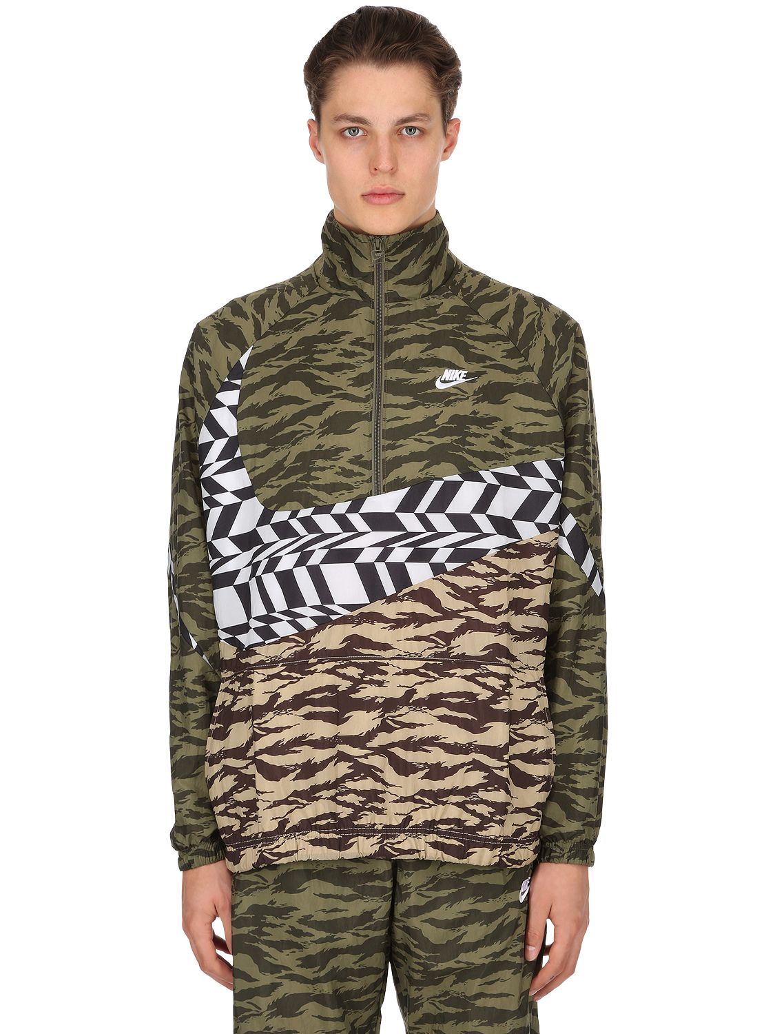 Nike Men's Sportswear Vaporwave Swoosh Woven Half-zip Jacket, Green/brown In Army Camo