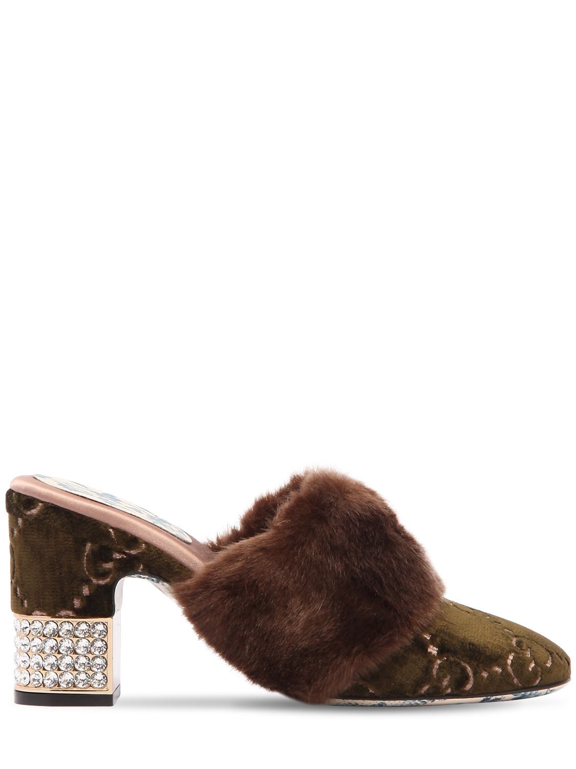 Gucci 75mm Candy Gg Velvet & Faux Fur Mules In Khaki