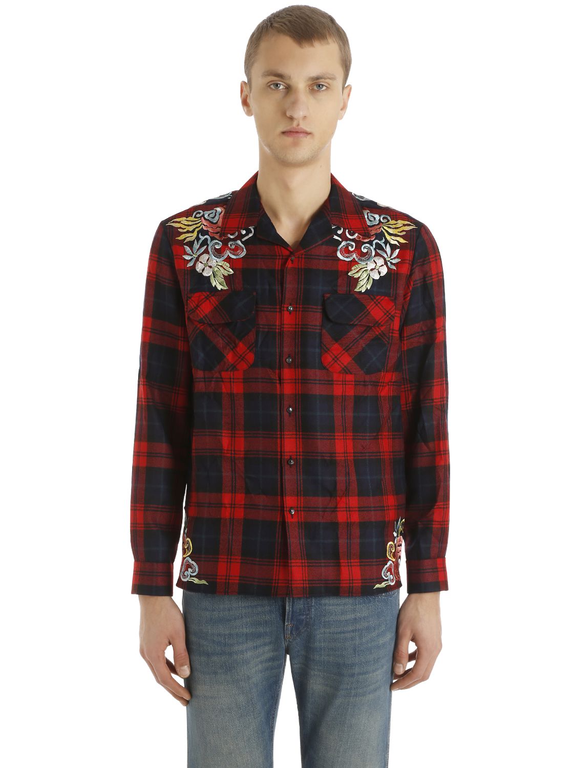 Gucci Red Tartan Plaid Floral and Dragon Embroidered Wool Shirt M