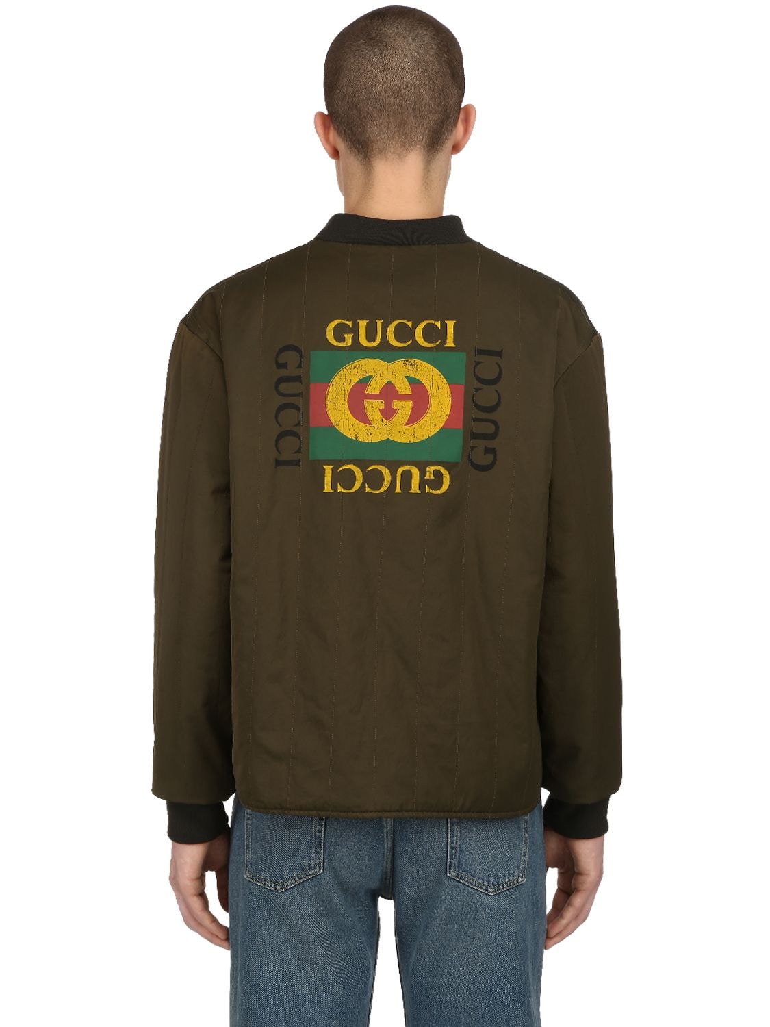 Gucci Reversible Satin Bomber Jacket In Olive Green