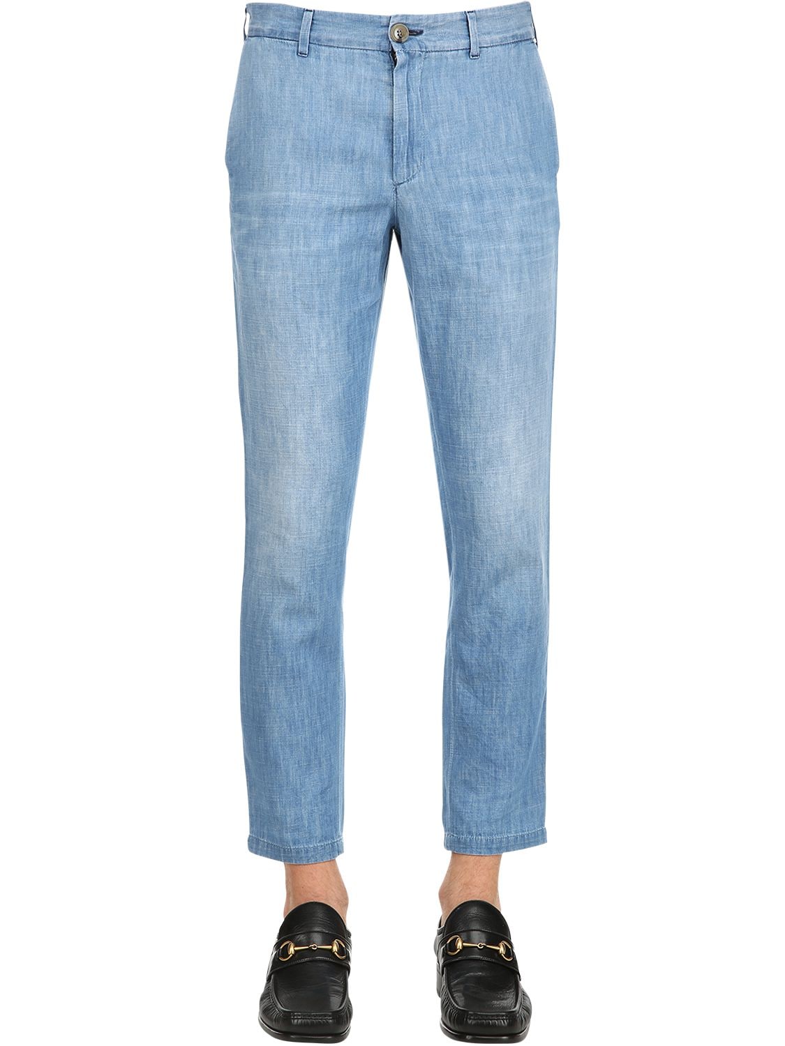 Gucci Stone Bleached Cotton Chambray Pants In Light Blue