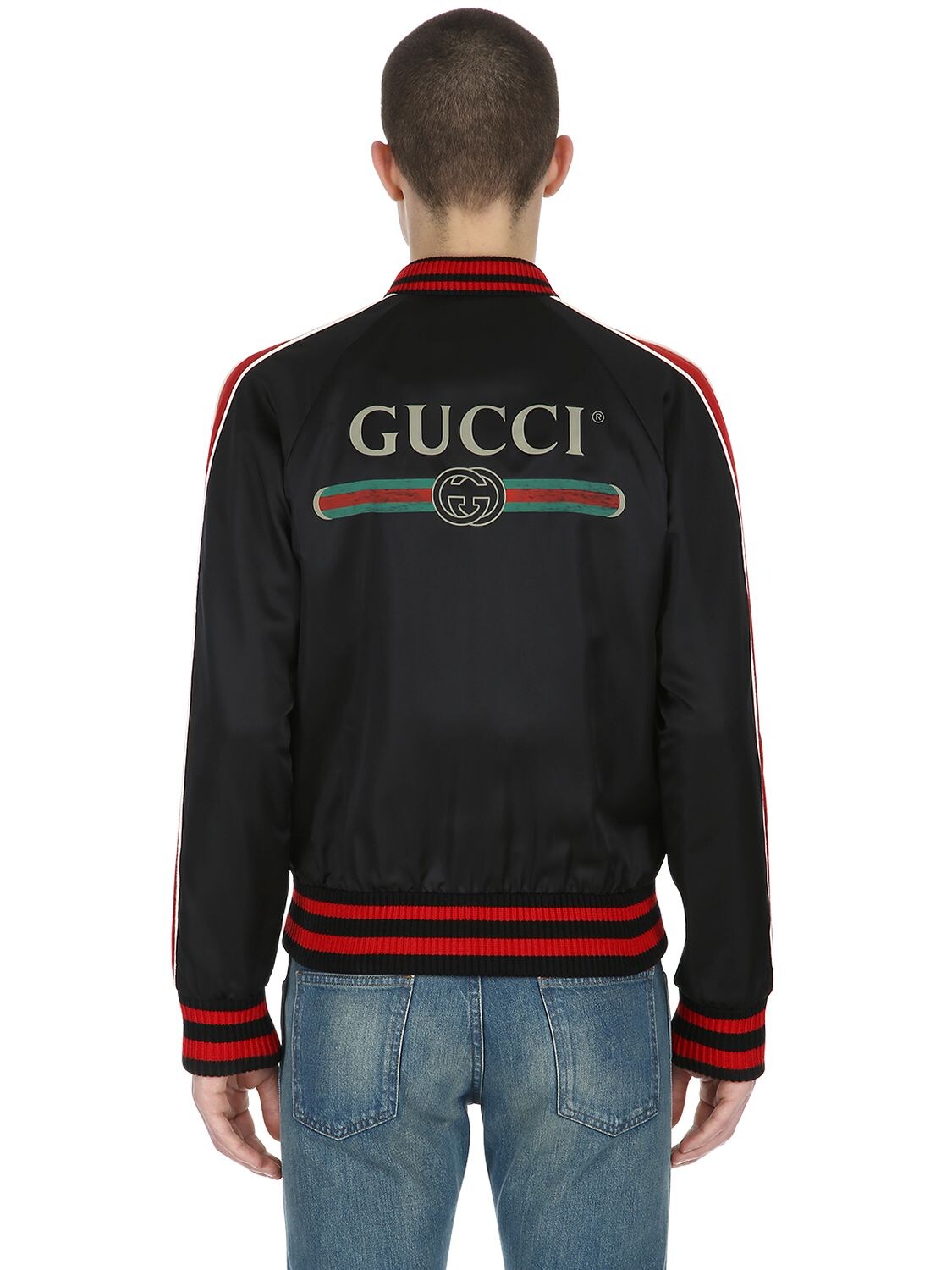 Gucci Patched Duchesse Satin Bomber Jacket In Black