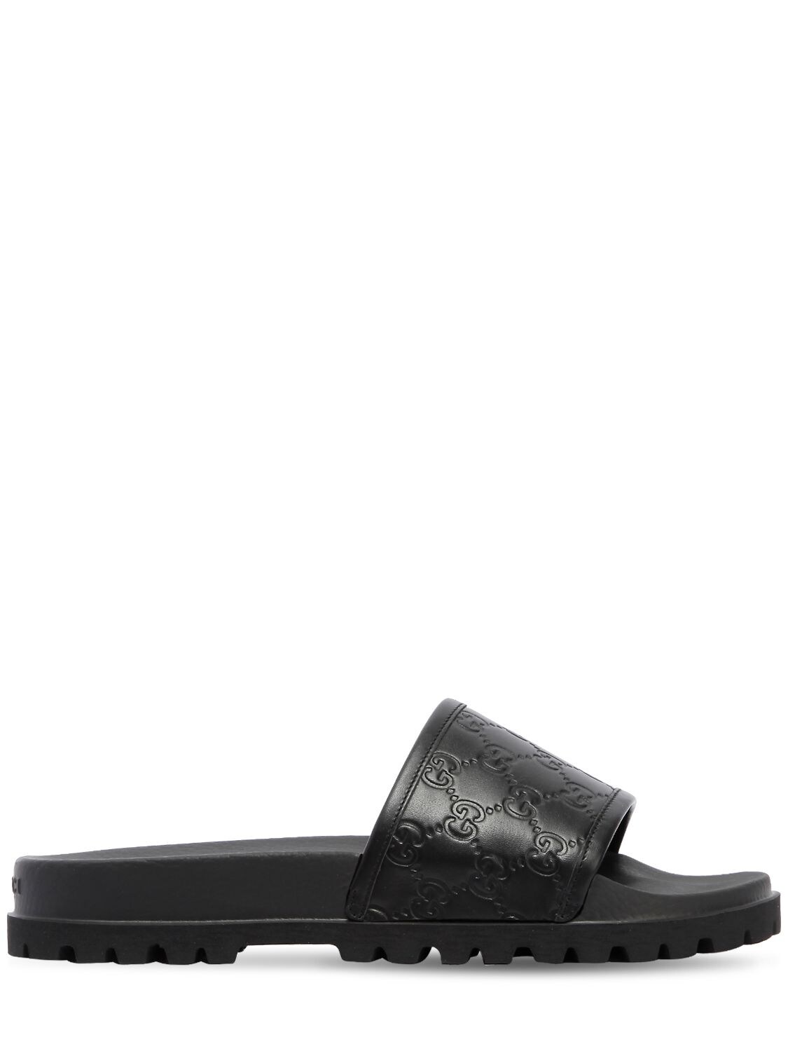 GUCCI GG EMBOSSED LEATHER SLIDE SANDALS,67IH0W011-MTAwMA2