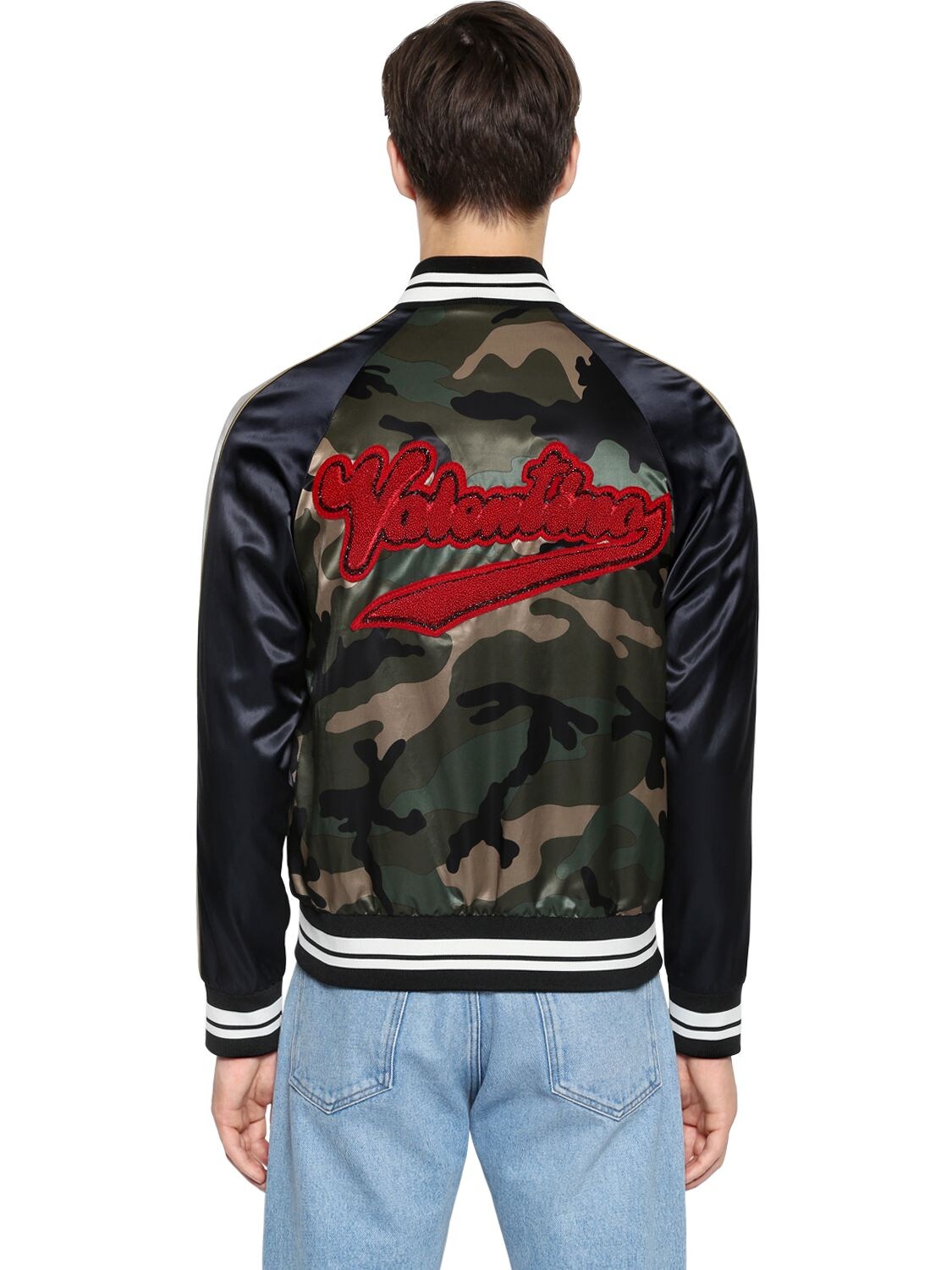 VALENTINO BEADED LOGO CAMO SATIN BOMBER JACKET,67IH0Y004-RjAw0