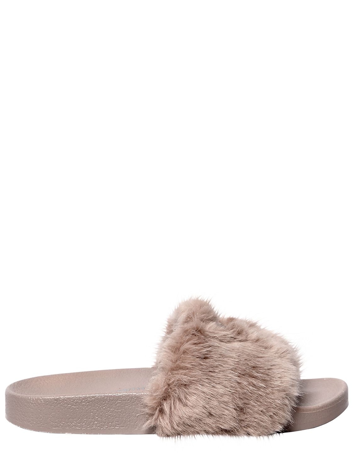 Windsor Smith 20mm Ivy Logo Faux Fur Slide Sandals In Beige
