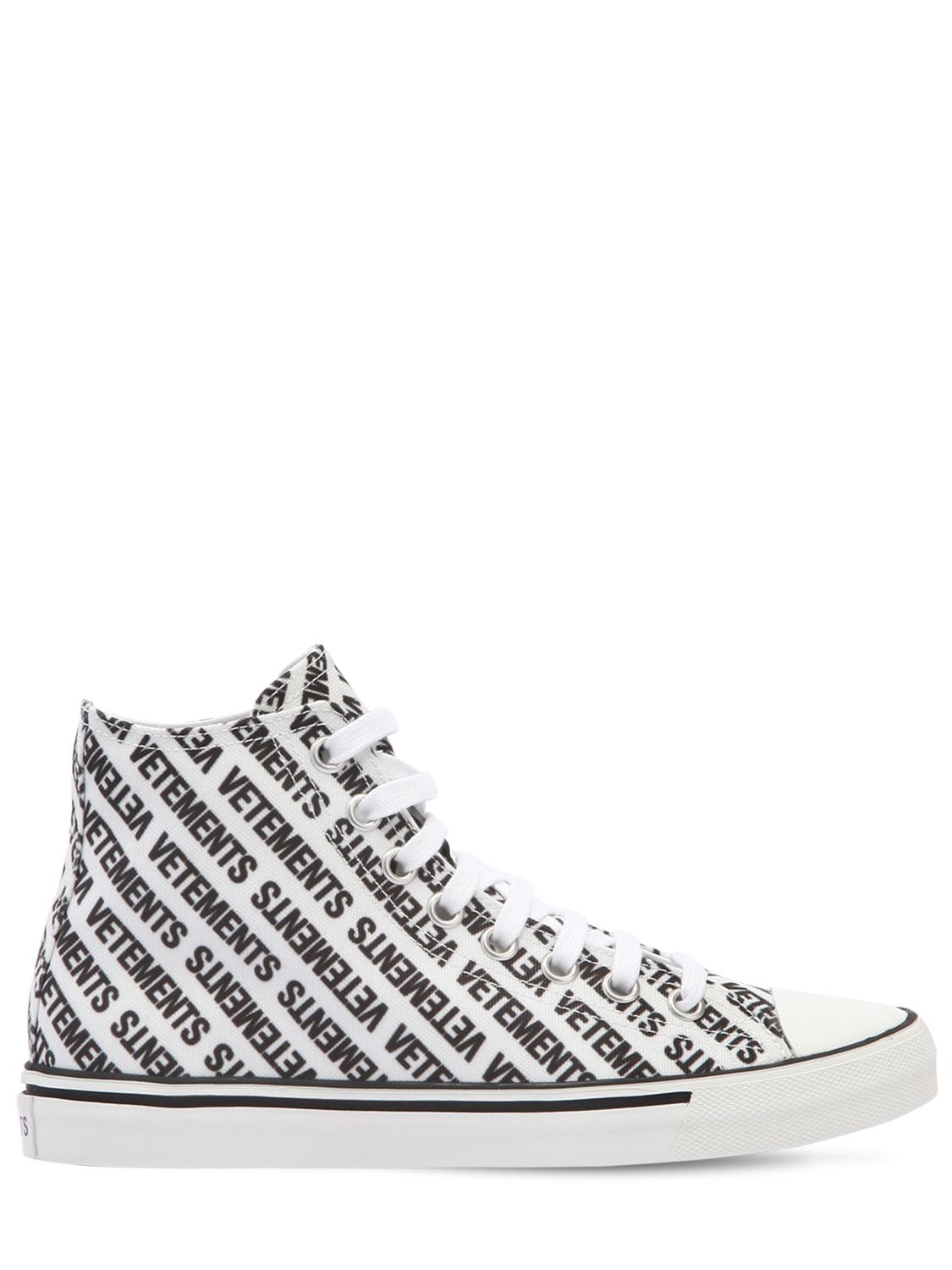 Vetements 20mm Logo Print Canvas High Top Trainers In White/black