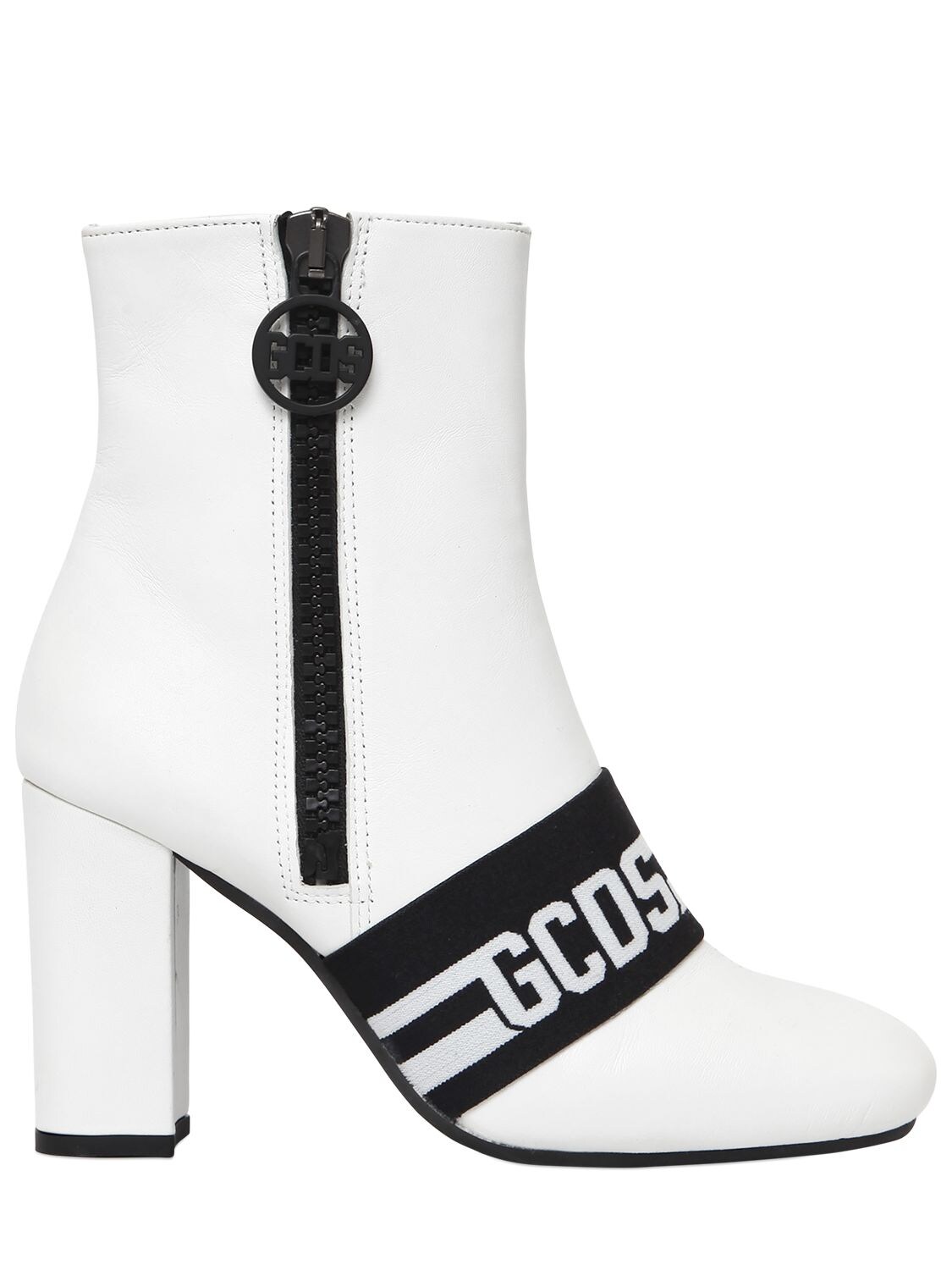 Gcds 100mm Logo Leather Ankle Boots In White,black