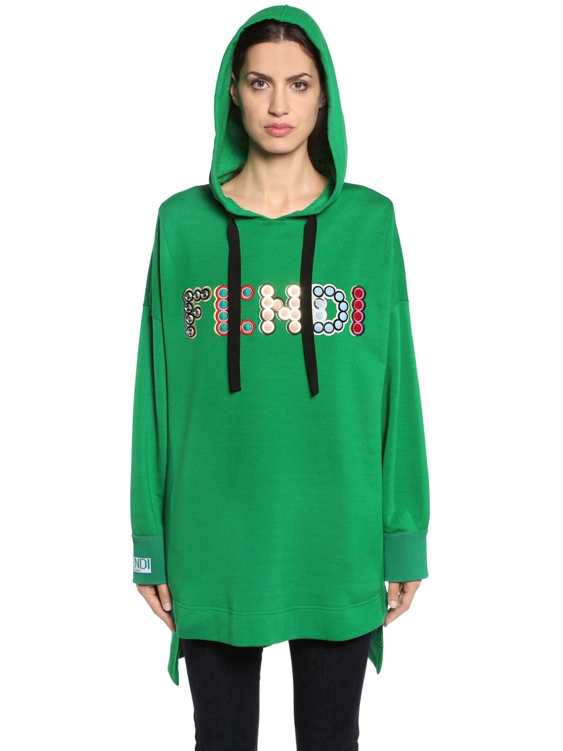 Fendi Hooded Embellished Logo Sweatshirt In Green
