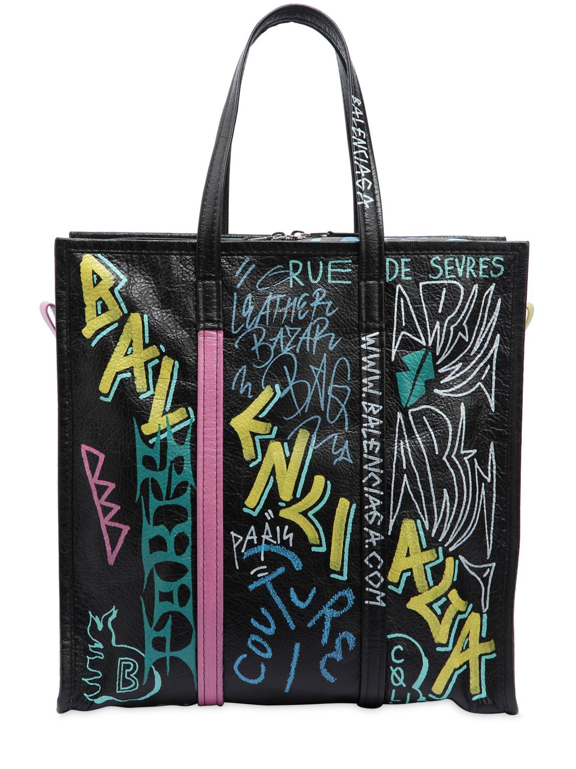 BALENCIAGA Medium Bazar Graffiti Leather Tote Bag, Black | ModeSens