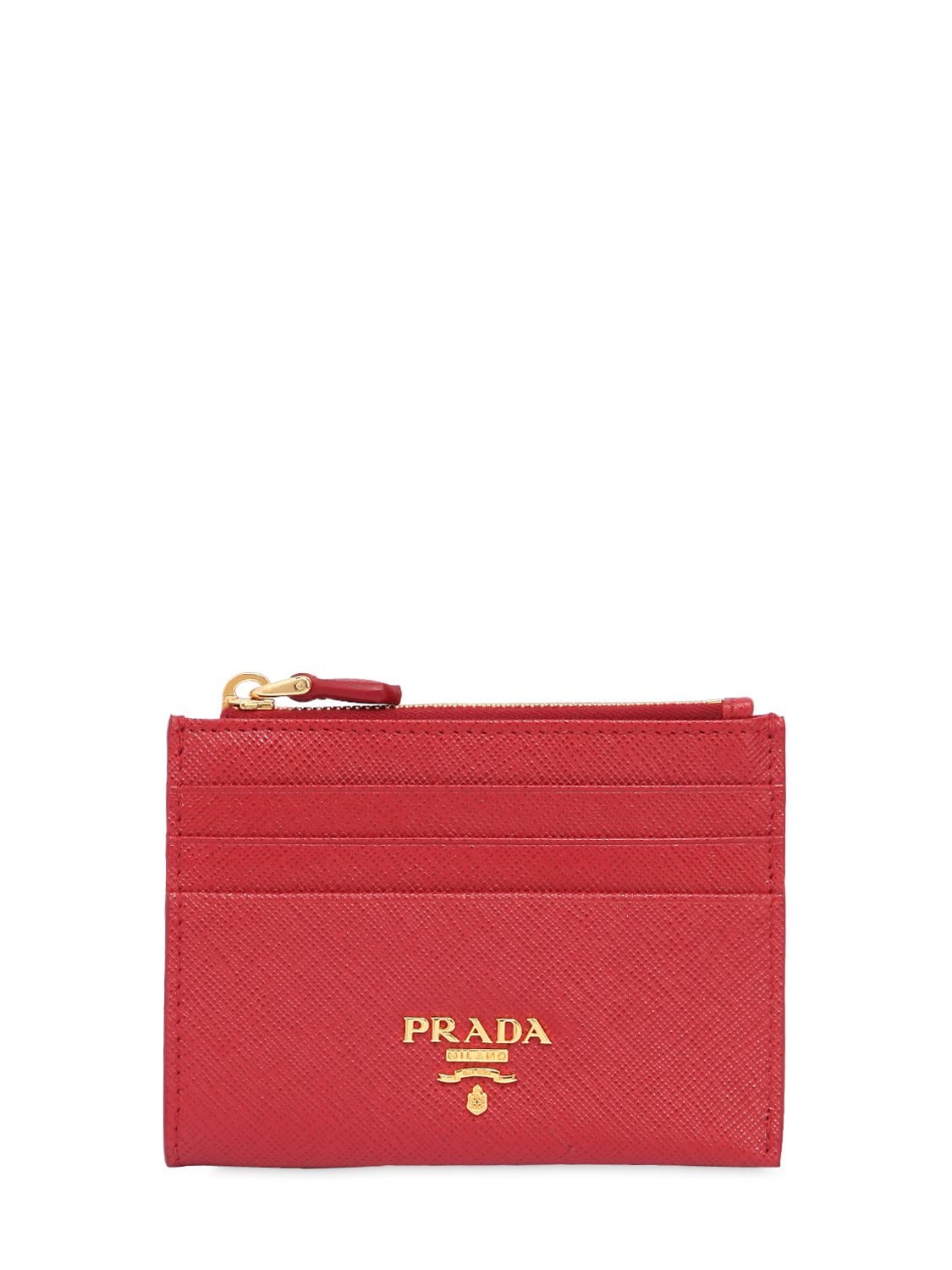 Prada Saffiano Leather Zip Card Holder In Red