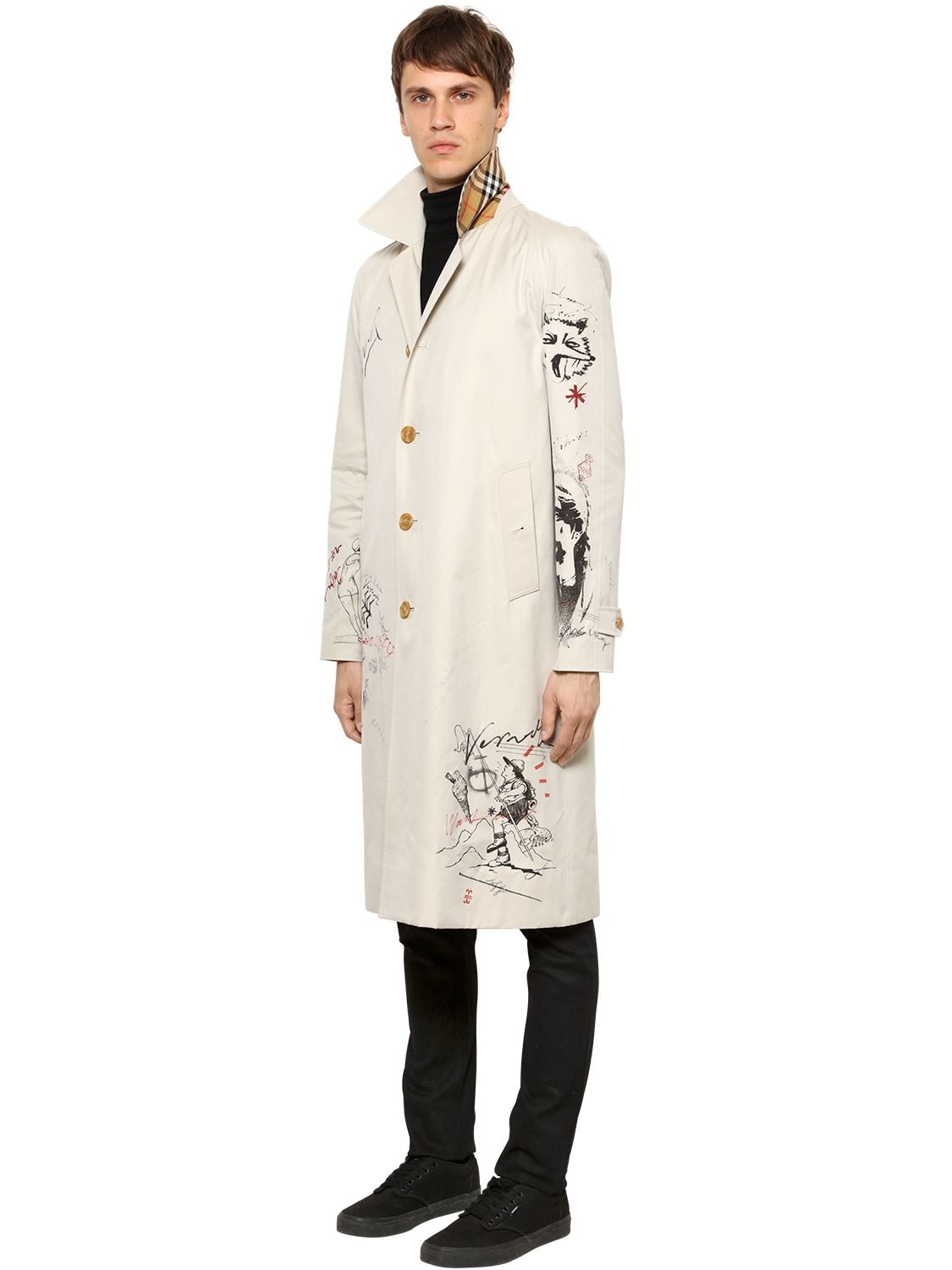 Burberry Painted Cotton Trench Coat W/ Check In Honey
