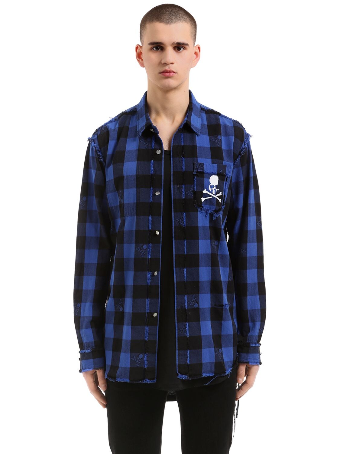 Mastermind Japan Skull Checked Cotton Flannel Shirt In Blue/black