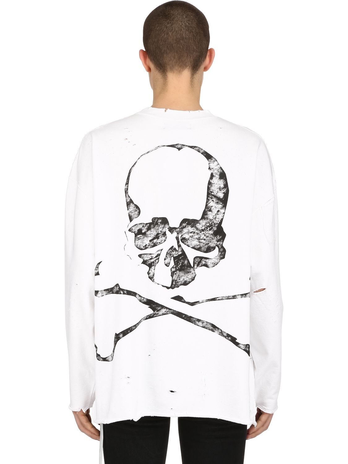 Mastermind Japan Faded Print Distressed Cotton Sweatshirt In White