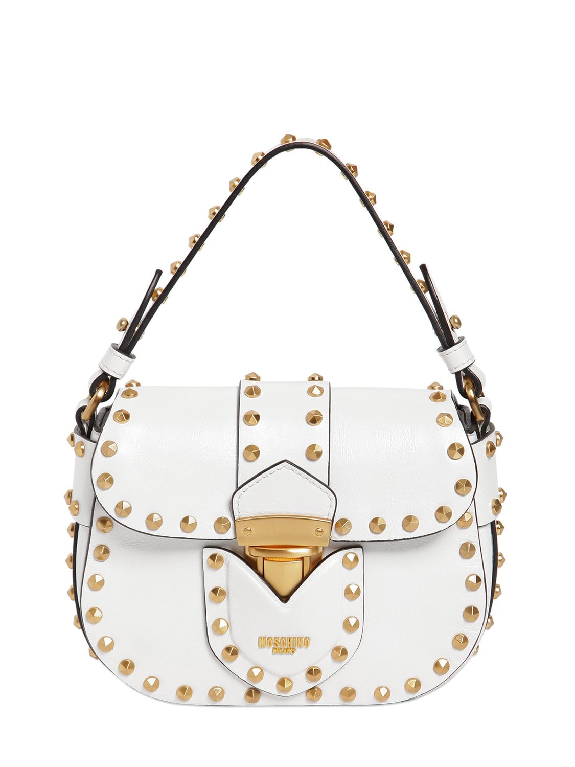 Moschino Lock Studded Shiny Leather Shoulder Bag In White