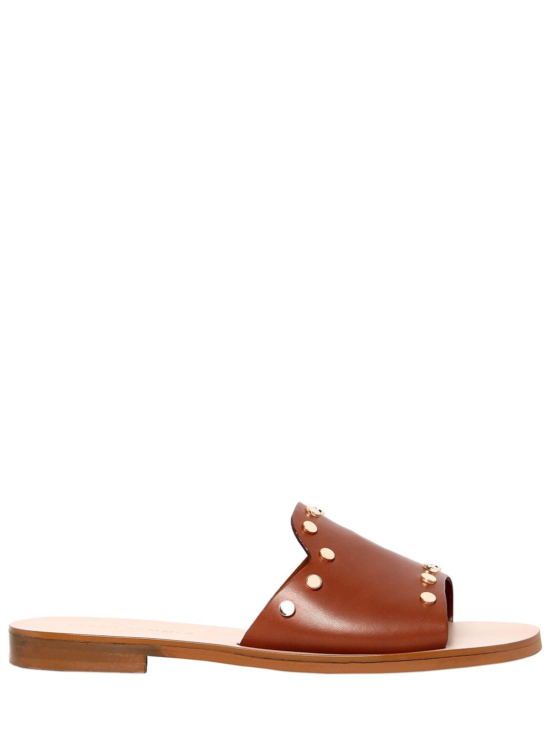 Sarah Summer 10mm Studded Leather Slide Sandals In Brown