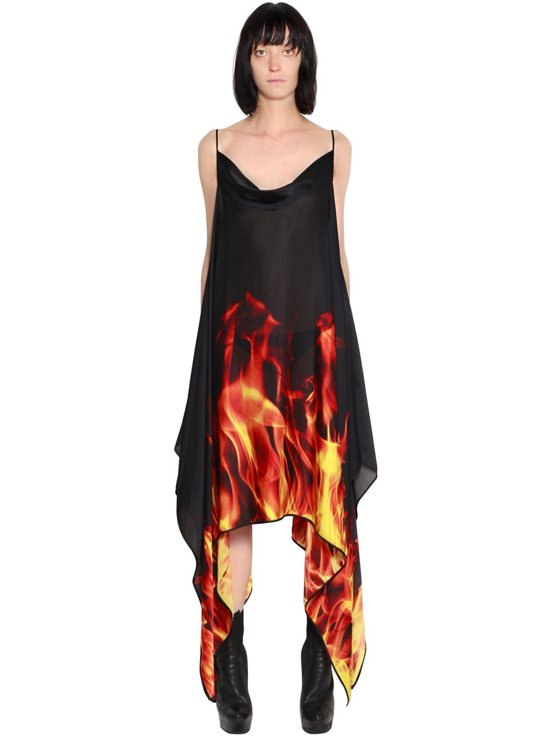 Gareth Pugh Flames Print Draped Silk Satin Dress In Black