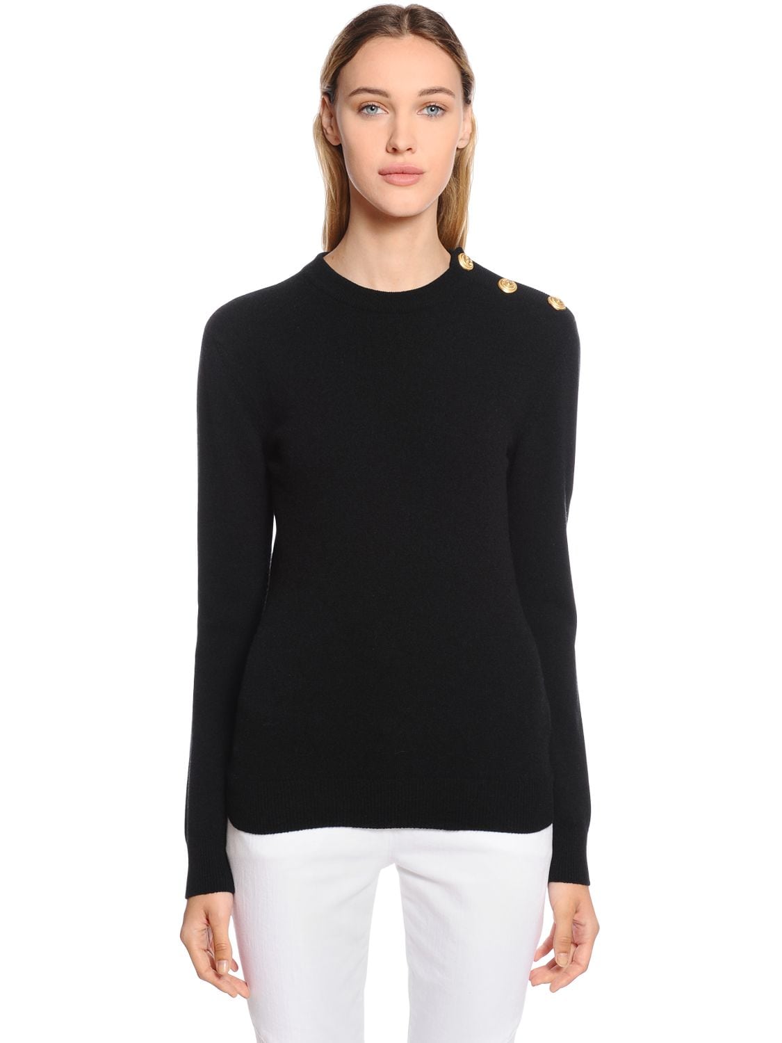 Balmain Button-shoulder Crew-neck Wool-blend Sweater In Black
