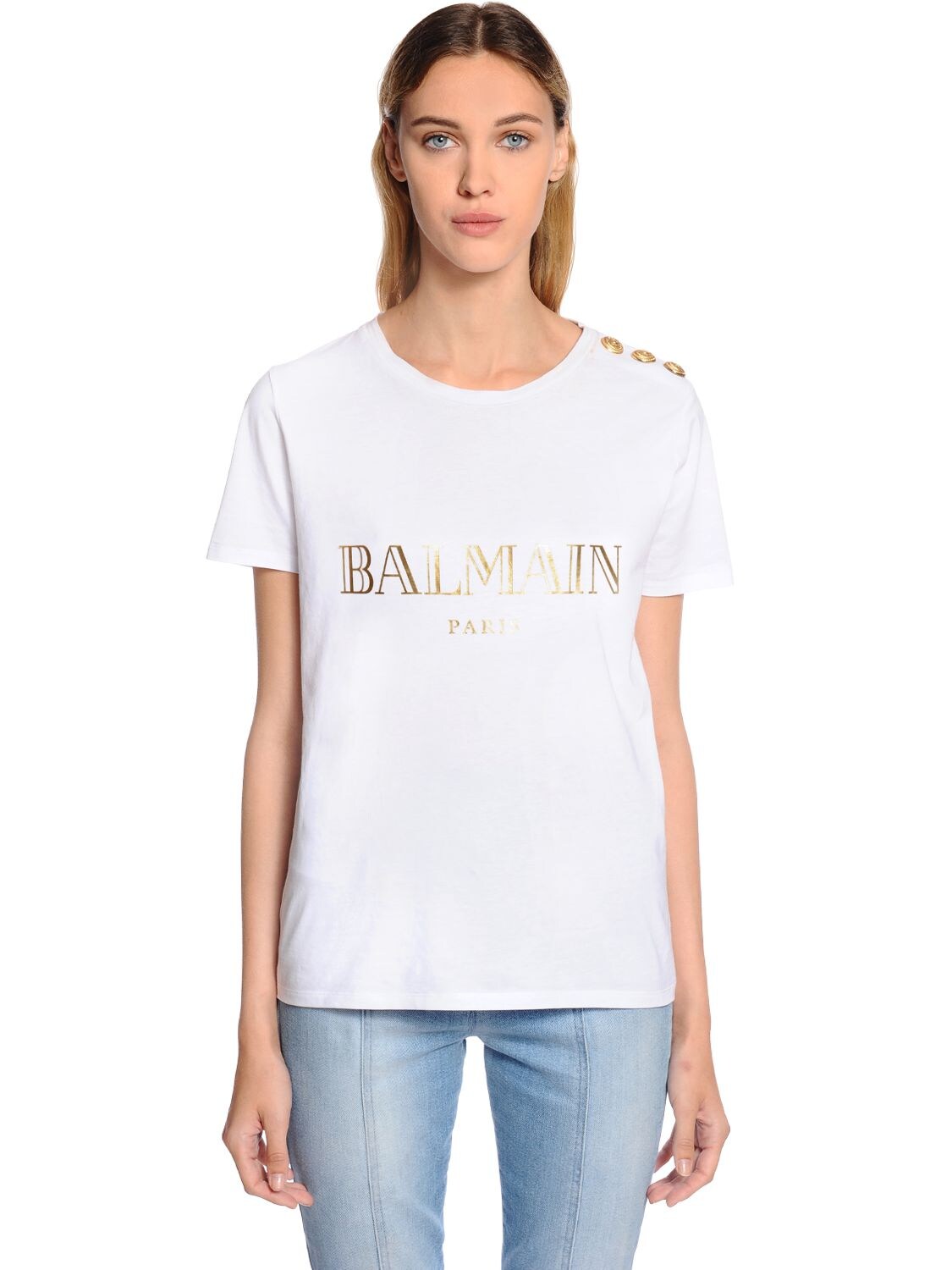 BALMAIN LOGO PRINTED COTTON JERSEY T-SHIRT,65IG5B009-QzAwMDU1