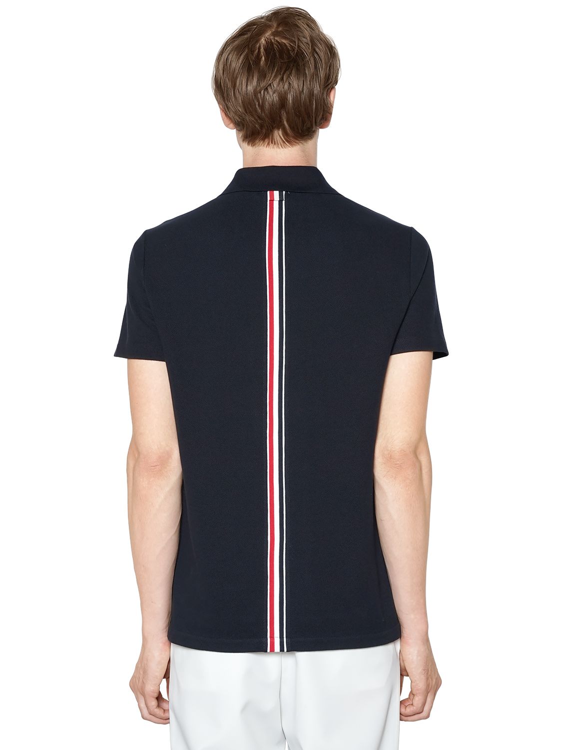 THOM BROWNE COTTON PIQUE POLO W/ KNIT STRIPES,67ILA9023-NDE10