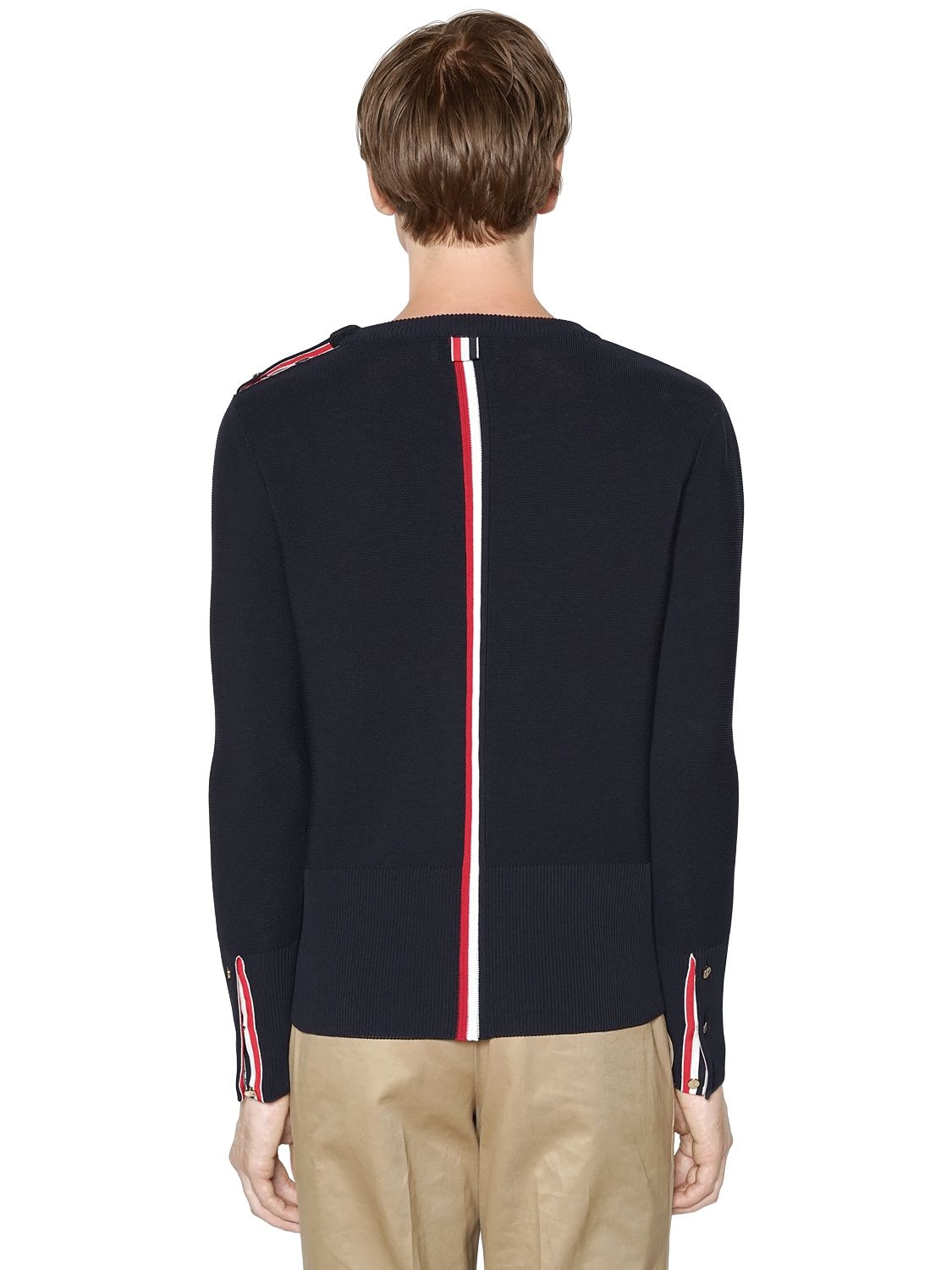 Thom Browne Intarsia Stripe Cotton Knit Sweater In Navy