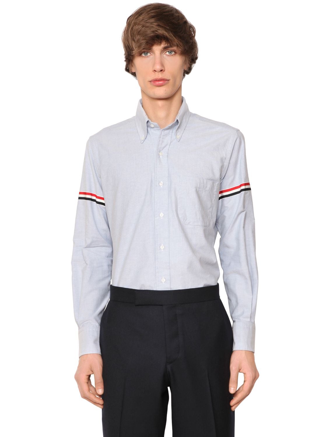Thom Browne Cotton Oxford Shirt W/ Striped Arm Bands In Light Blue