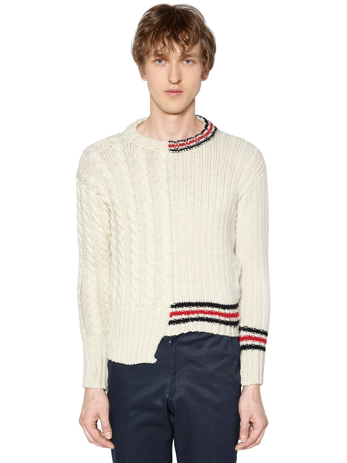 Thom Browne Half And Half Cable Knit Wool Sweater In Off White