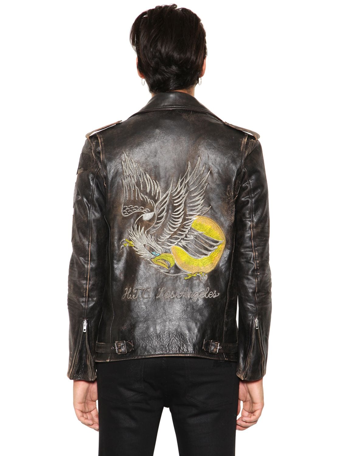 Htc Hollywood Trading Company Eagle Vintage Leather Biker Jacket In Black