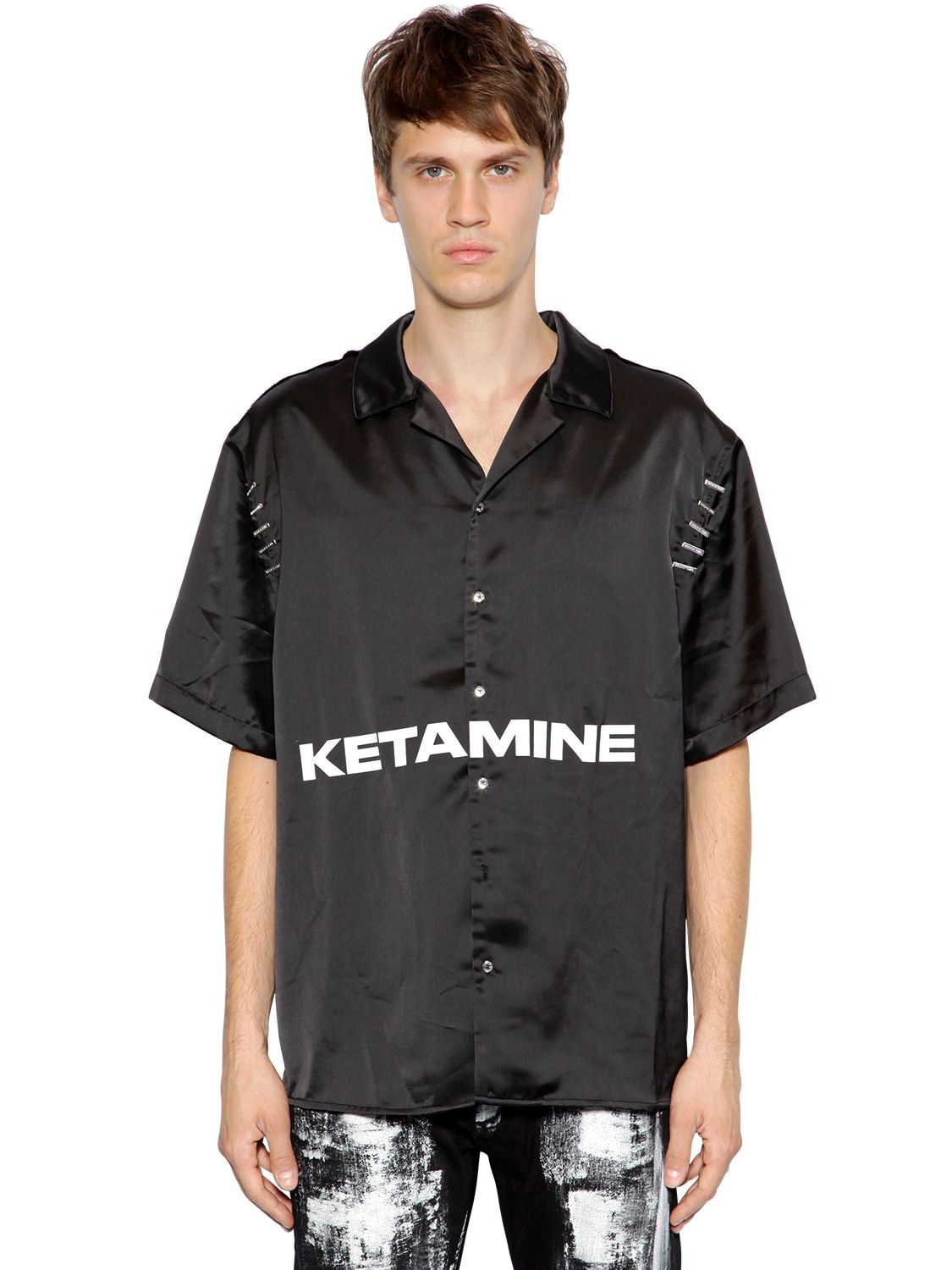 Heliot Emil Stapled Ketamine Print Satin Shirt In Black
