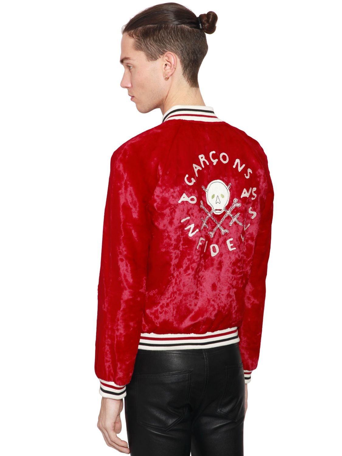 Garcons Infideles Embroidered Plush Bomber Jacket In Red