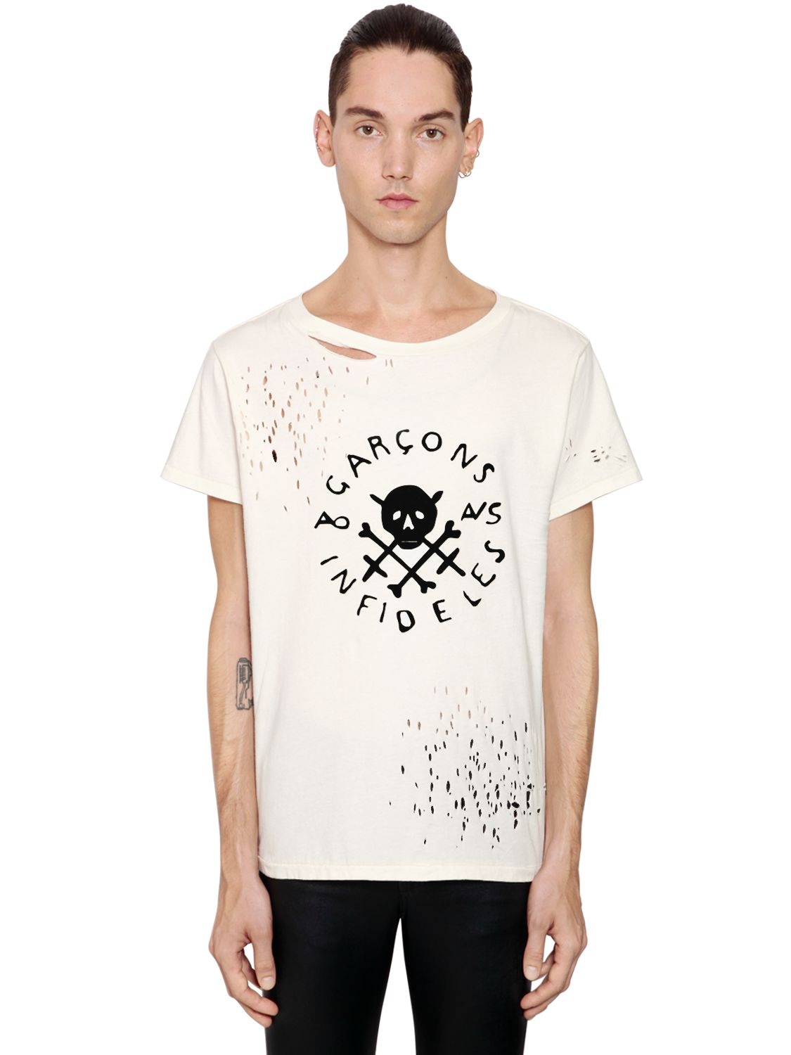 Garcons Infideles Skull Logo Printed Ripped Jersey T-shirt In White