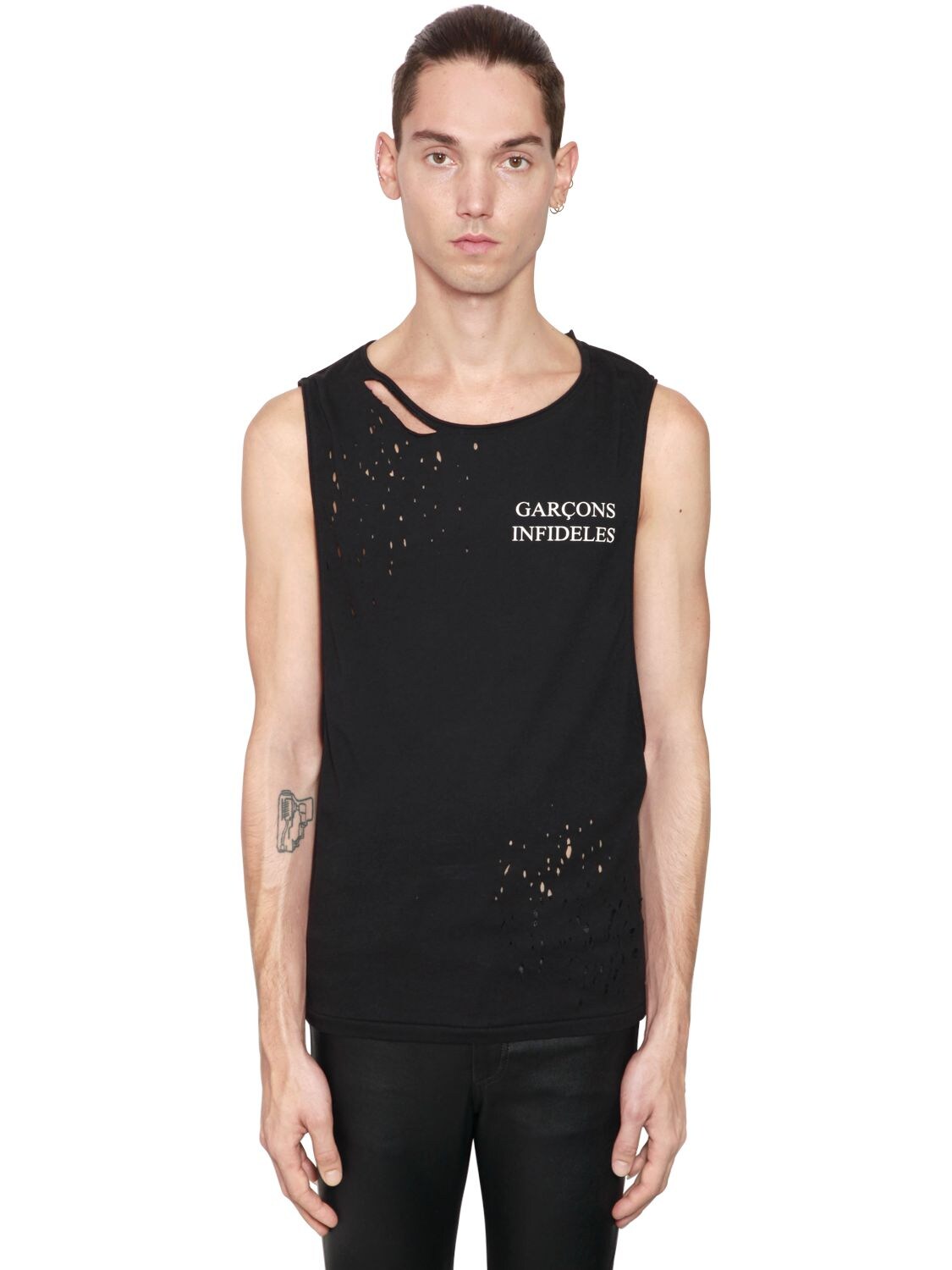 Garcons Infideles Thank You Ripped Jersey Tank Top In Black