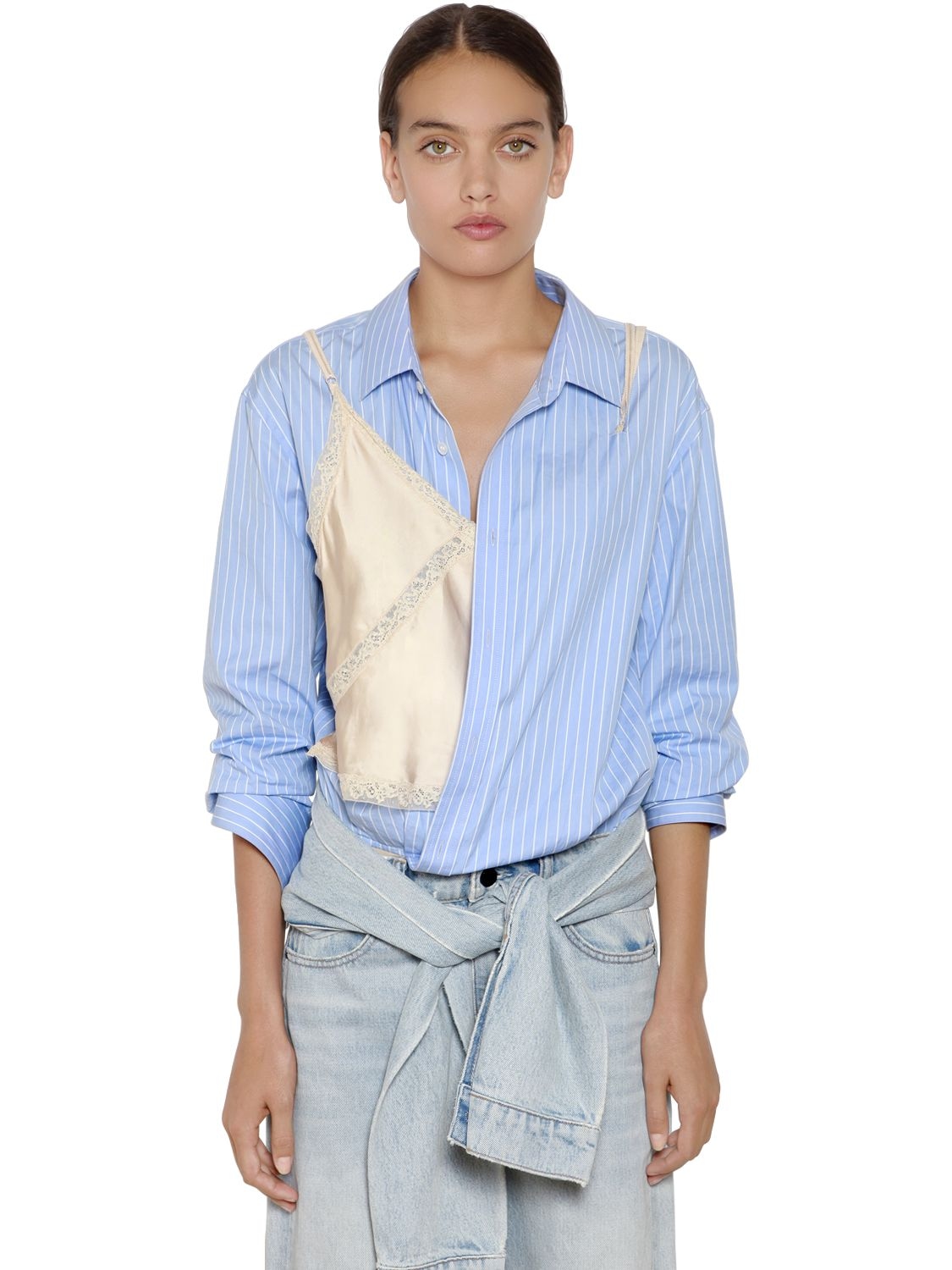 Alexander Wang Striped Shirt Bodysuit & Satin Camisole In Light Blue