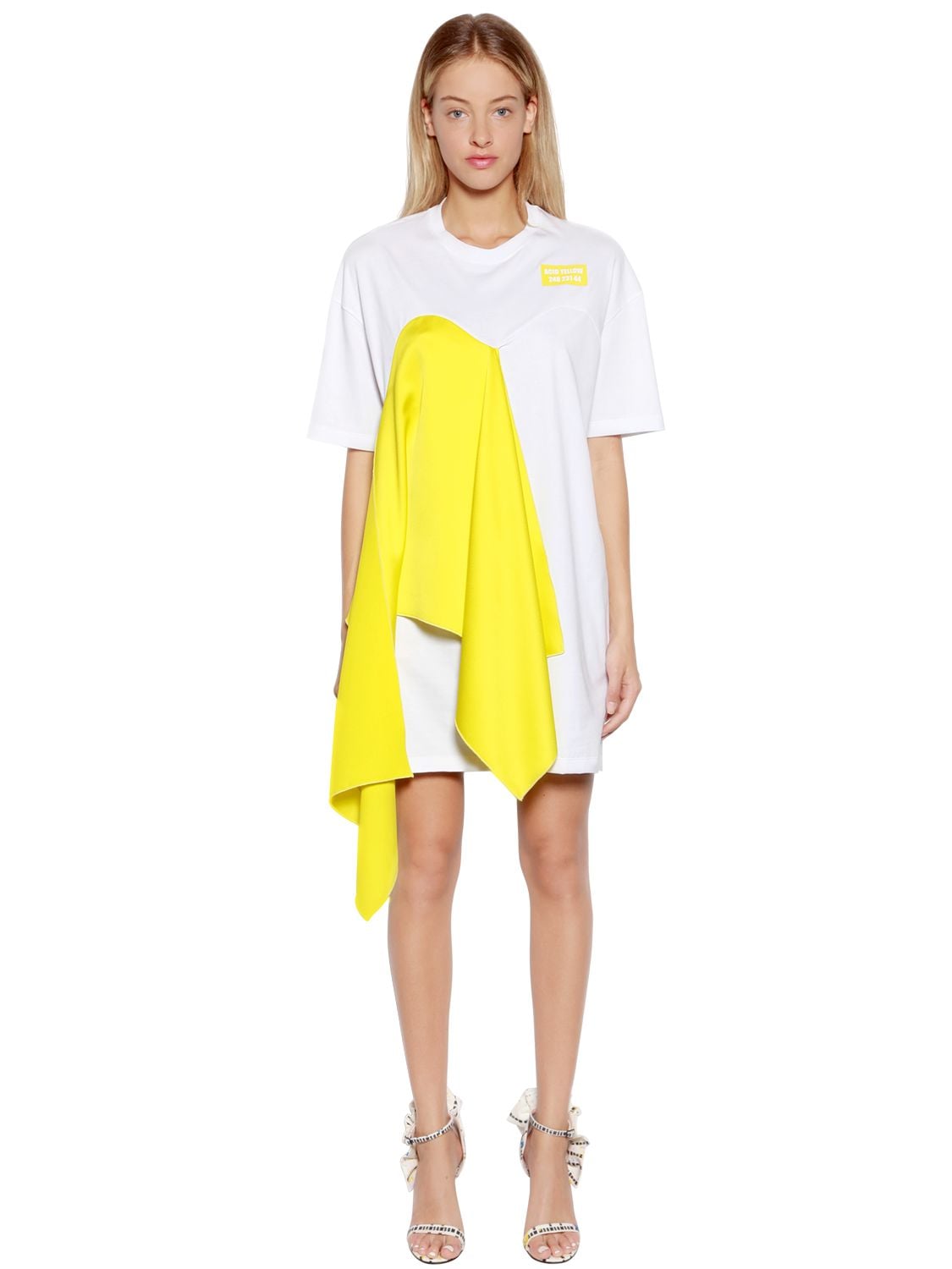 Msgm Cotton & Silk Mini Dress In White/yellow