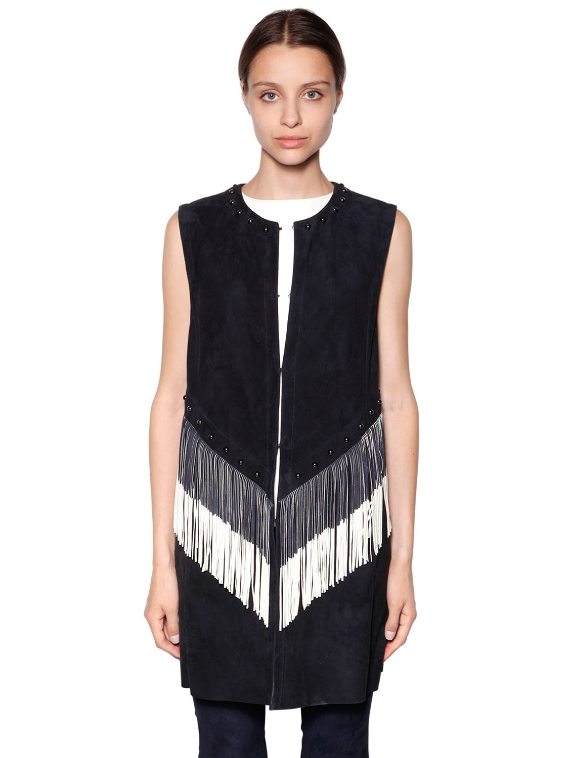Drome Fringed & Studded Nappa Suede Dress In Dark Blue