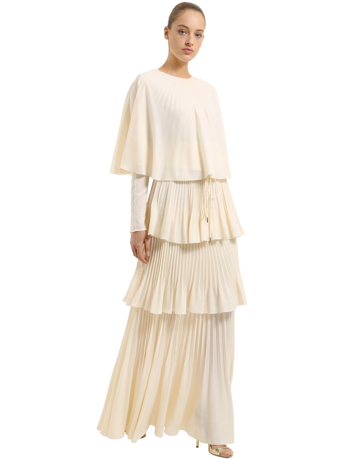 Antonio Berardi Tiered Plisse Crepe De Chine Dress In White
