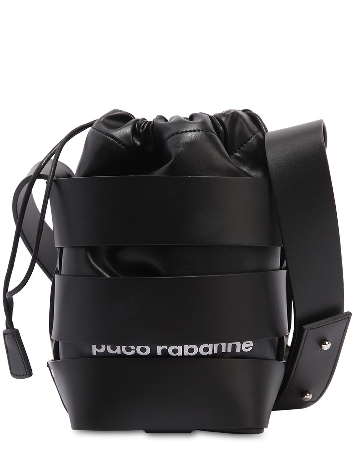 Paco Rabanne Mini Cage Leather Bucket Bag In Black