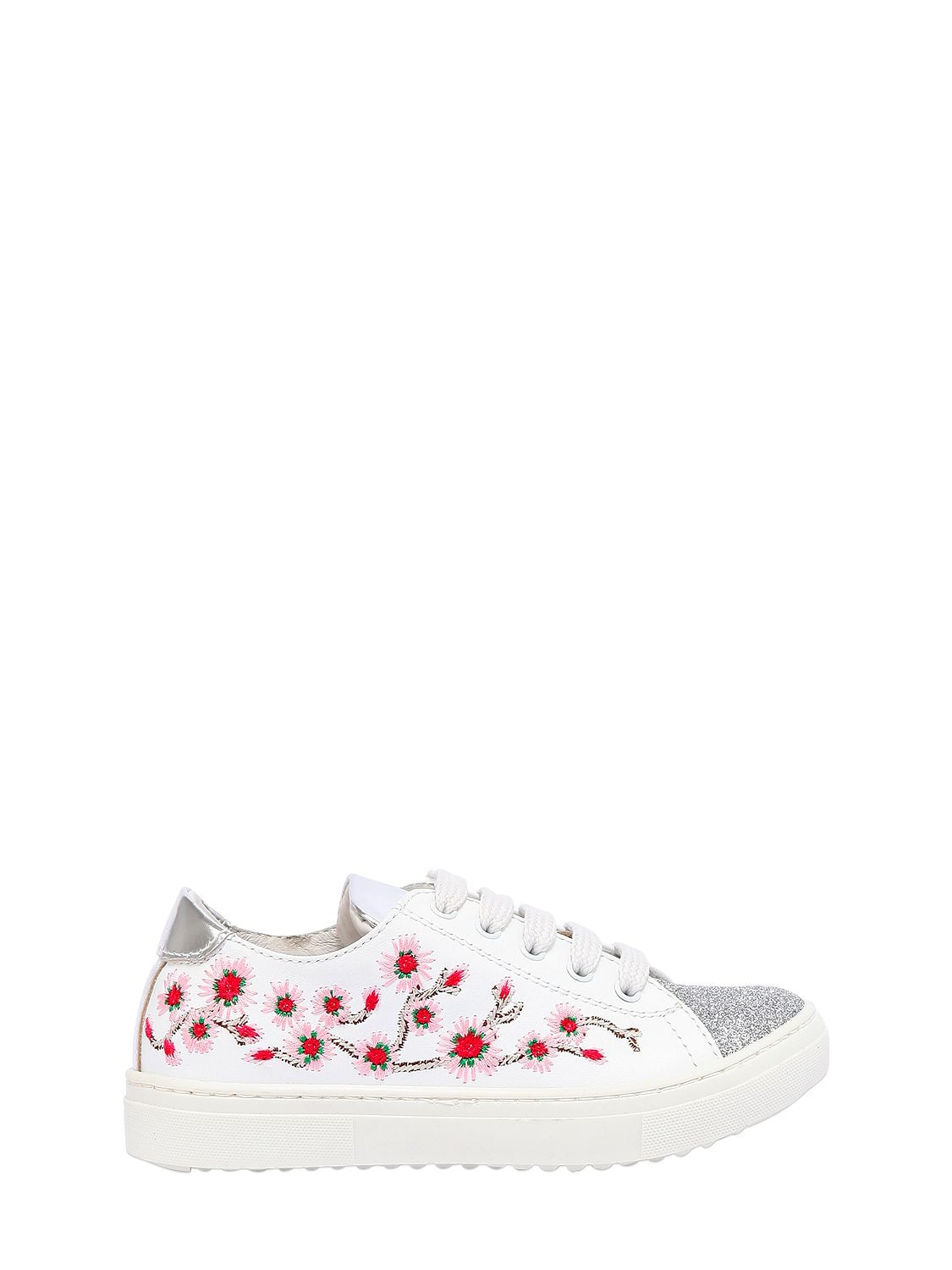 Andrea Montelpare Kids' Glittered & Embroidered Leather Sneakers In White,silver
