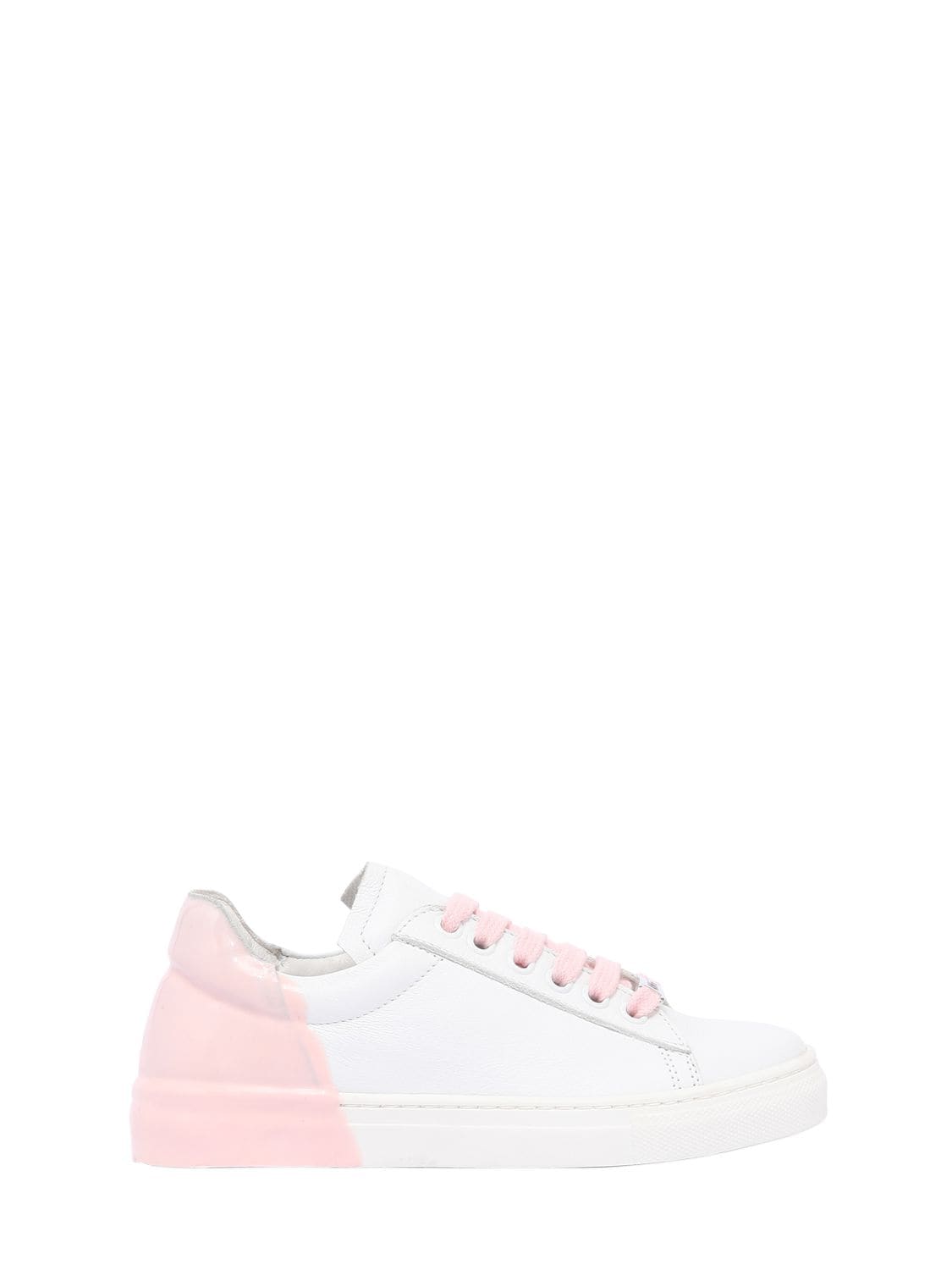 Am 66 Kids' Rubber Heel Two Tone Leather Sneakers In White,pink