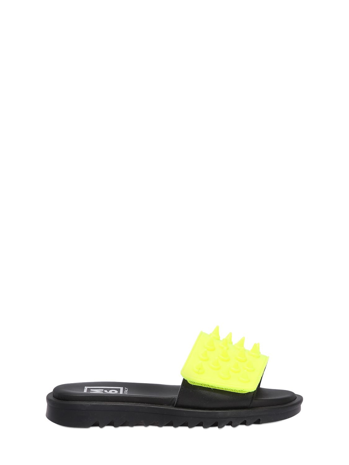 Am 66 Kids' Spiked Two Tone Leather Slide Sandals In Black,yellow