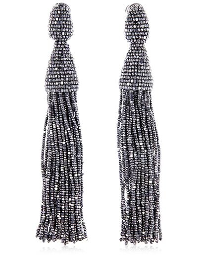 Oscar De La Renta Long Beaded Tassel Earrings In Silver