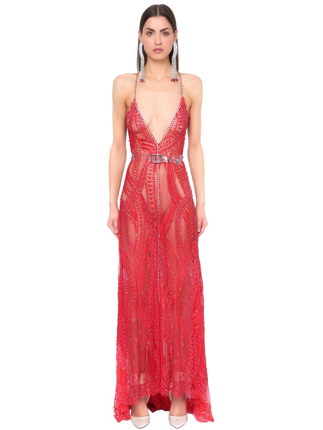 Alessandra Rich Embellished Lace Dress W/ Train In Red