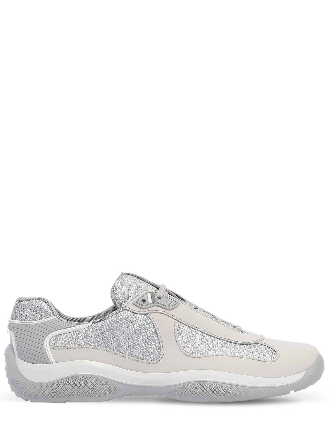 Prada American's Cup Leather Sneakers In Off White/grey