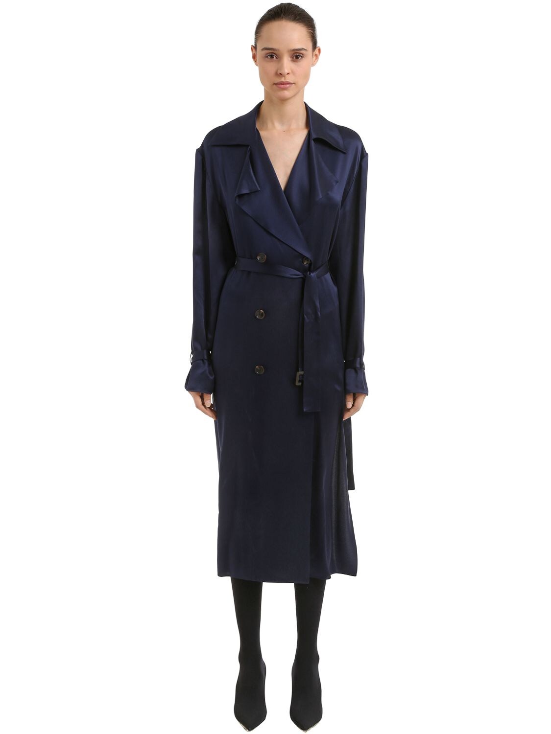 Magda Butrym Double Breasted Silk Satin Trench Coat In Navy