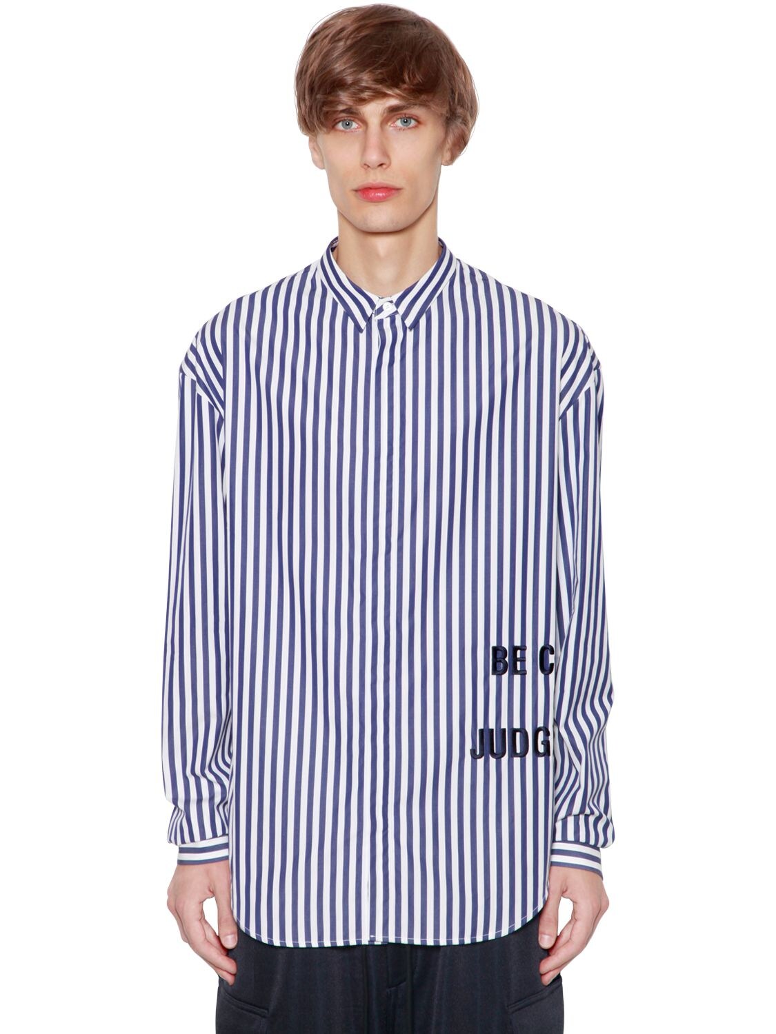 Juunj Striped Cotton Poplin Shirt W/embroidery In Navy