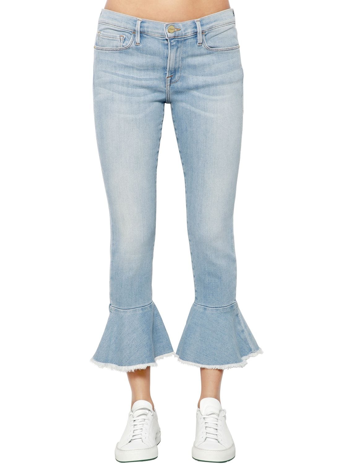 Frame Ruffled Hem Cropped Denim Jeans In Light Blue